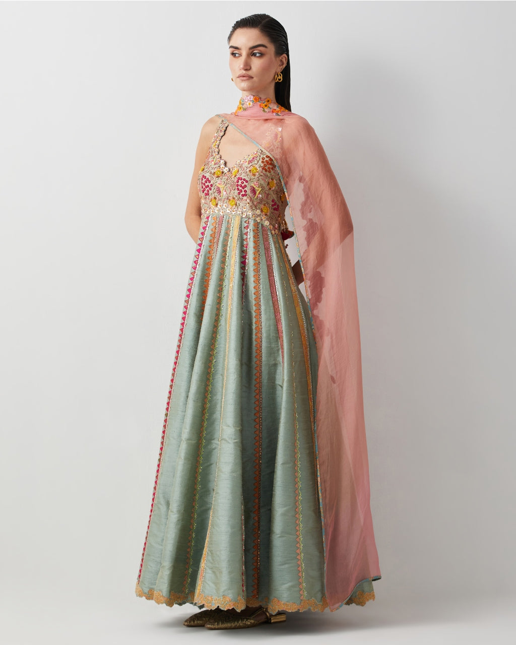 Aqua Silk Hand Embroidered Anarkali Set With Organza Dupatta