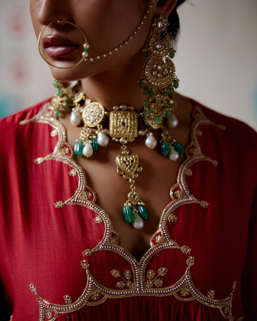 Red Gather Kurta Set