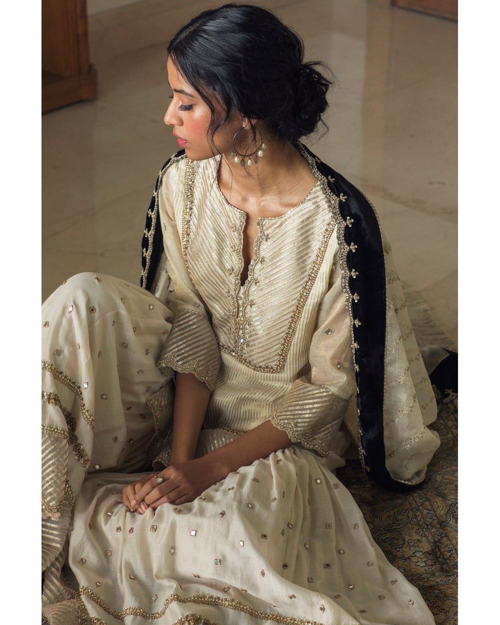 Tissue Chanderi Kurta With Mirror Work Gharara