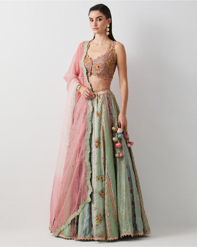 Aqua Silk Hand Embroidered Lehenga Set With Organza Dupatta