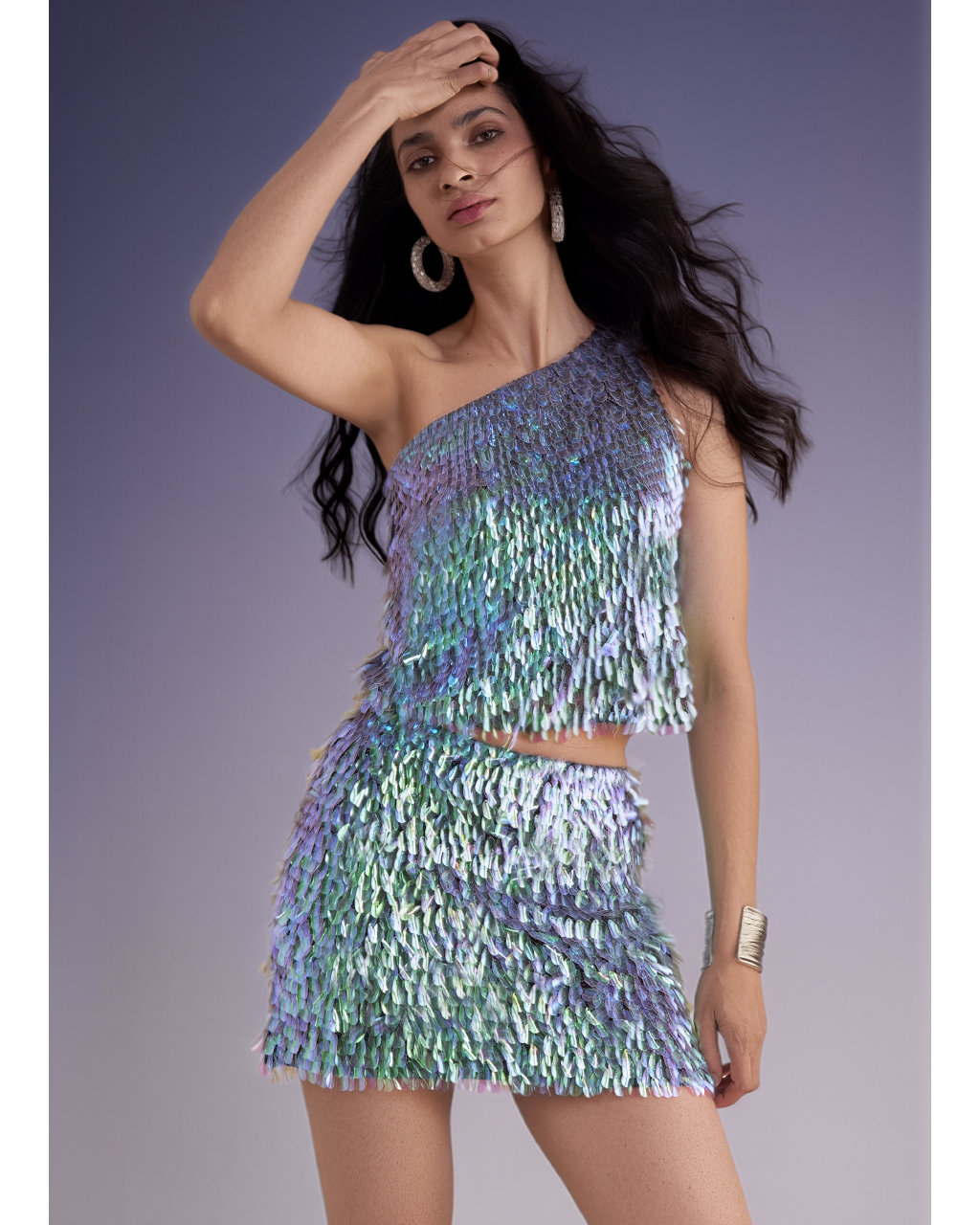 Iridescent Paillette One-Shoulder Top & Mini Skirt Set