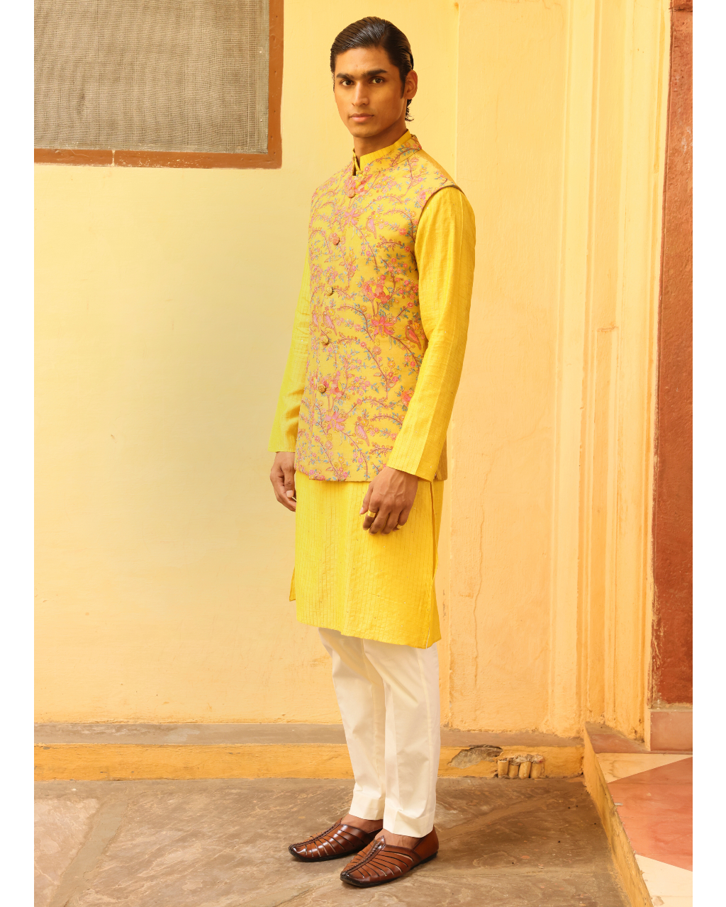 Sunshine Yellow Silk Brocade Jaal Bandi Set