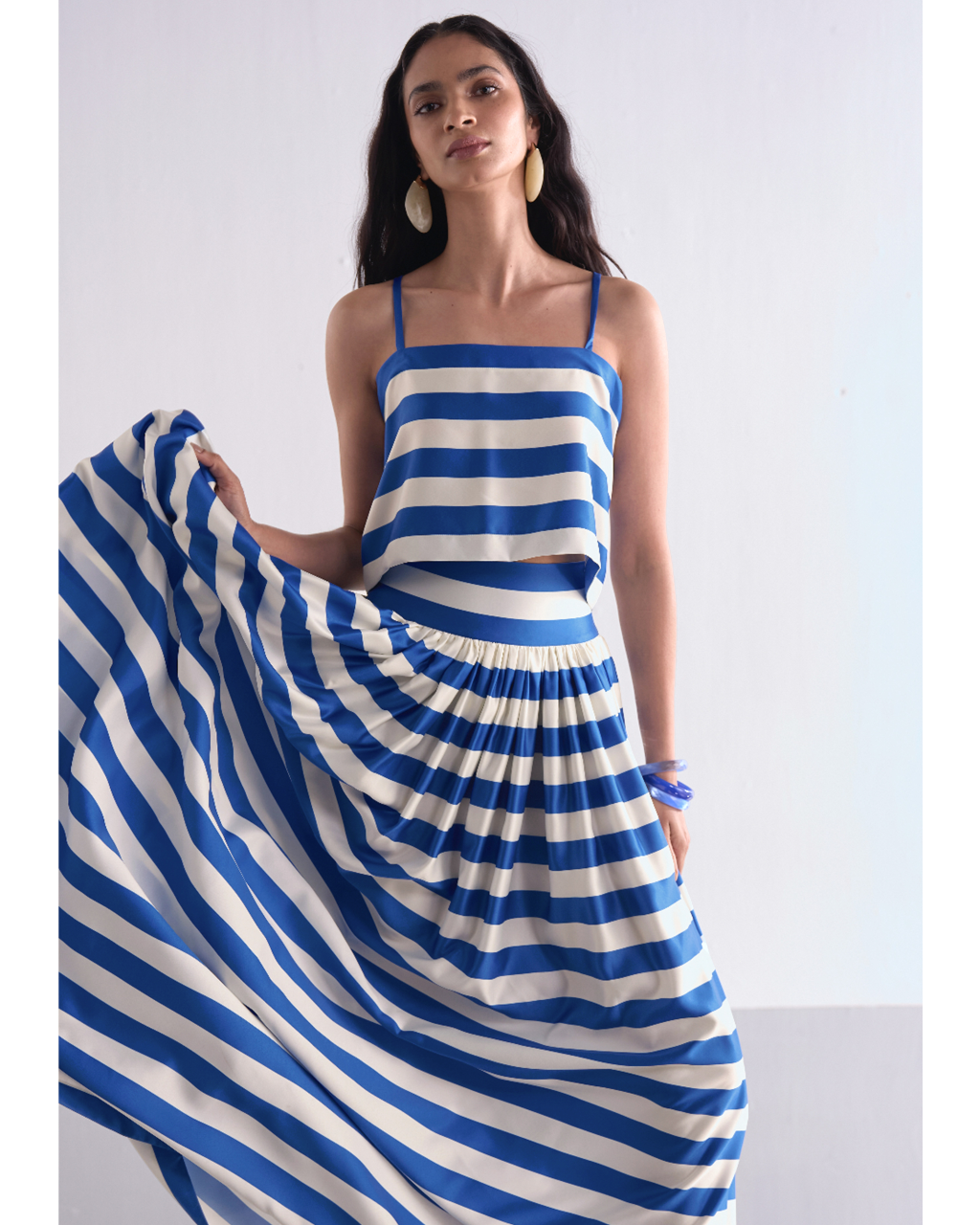 Back Knot Draped Stripe Top & Maxi Skirt Set