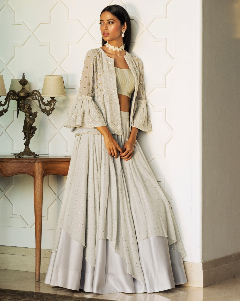 Chikankari Jacket With Layered Lehenga