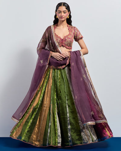 Multicolour Striped Embroidered Lehenga Set