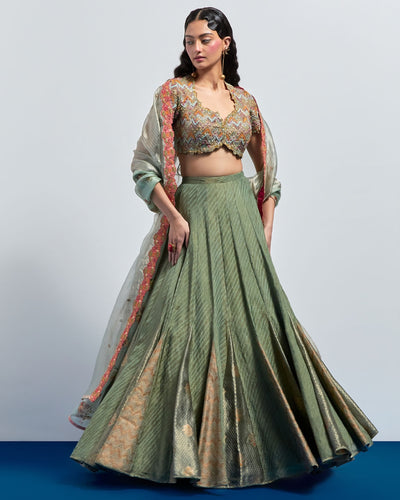 Saga Green Embroidered Lehenga Choli Dupatta Set
