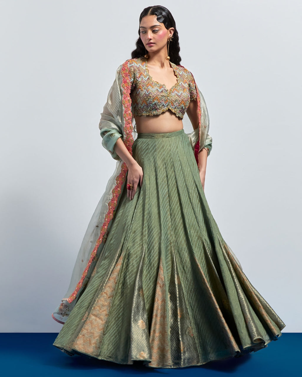 Saga Green Embroidered Lehenga Choli Dupatta Set