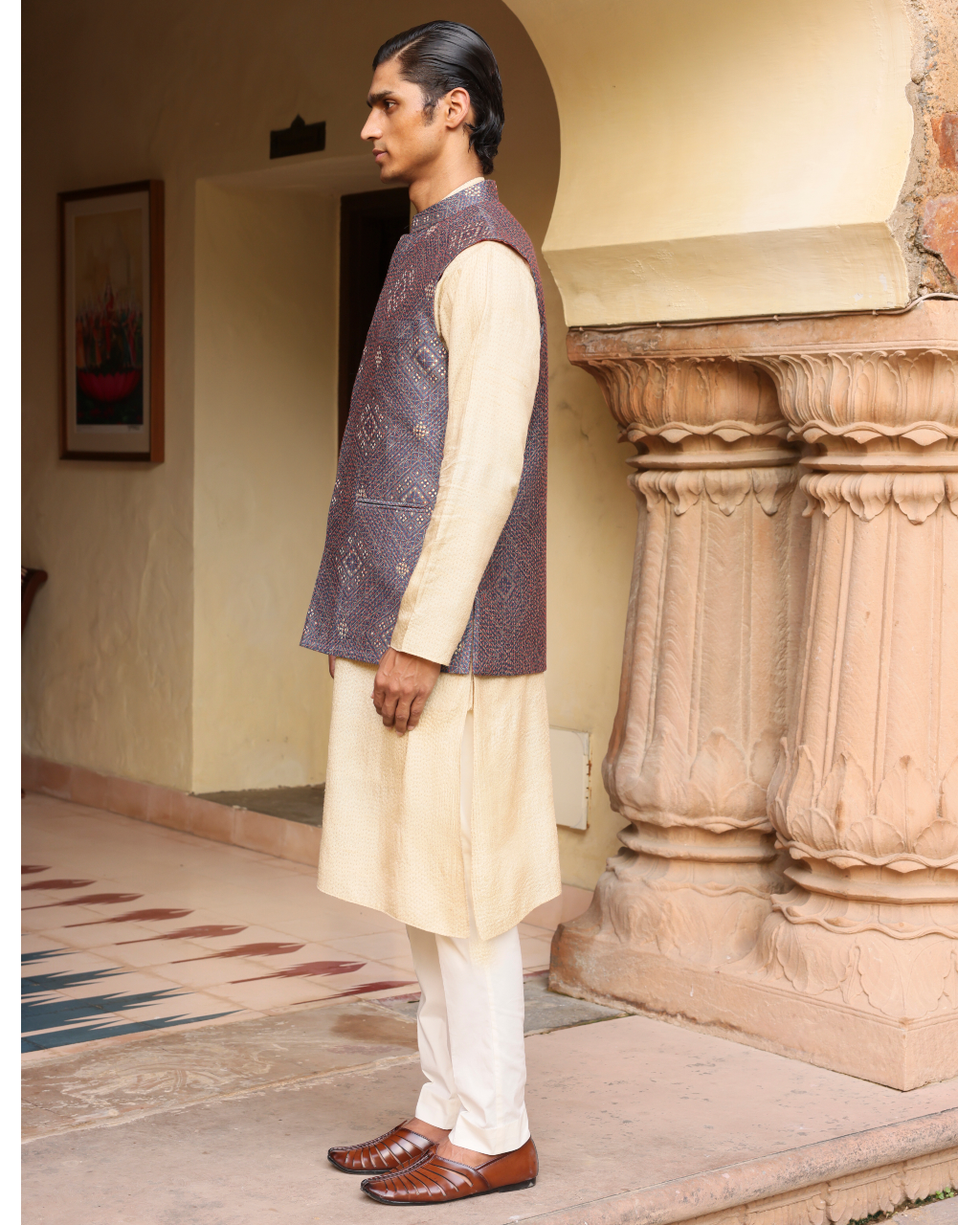 Cream Kurta Set With Statement Jacket