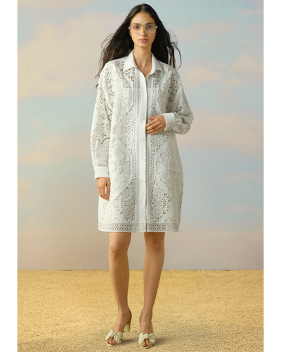 Linen Cutwork & Lace Embroidered Shirt Dress