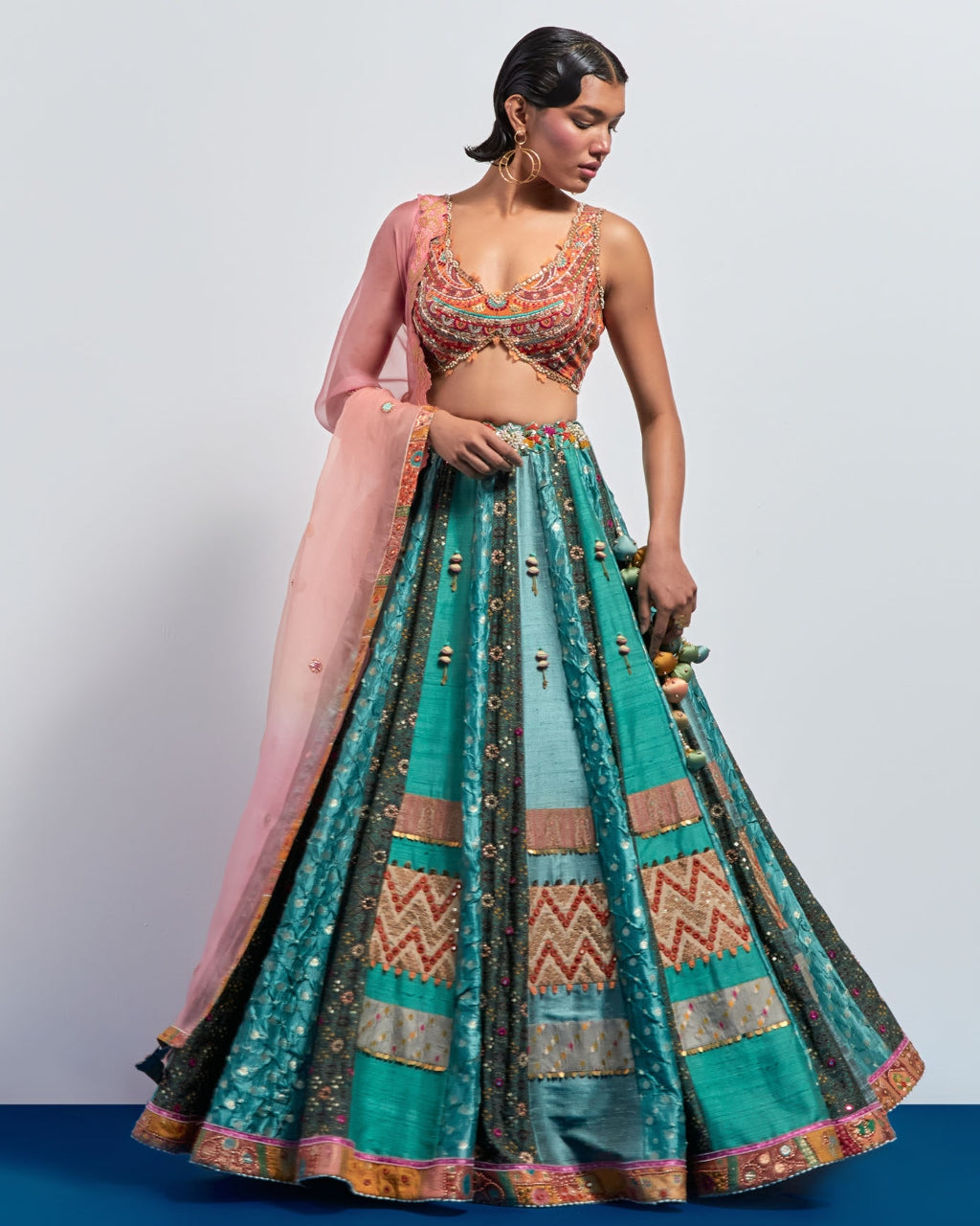 Teal Green Embroidered Lehenga Set