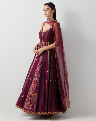 Wine Silk Embroidered Anarkali Set