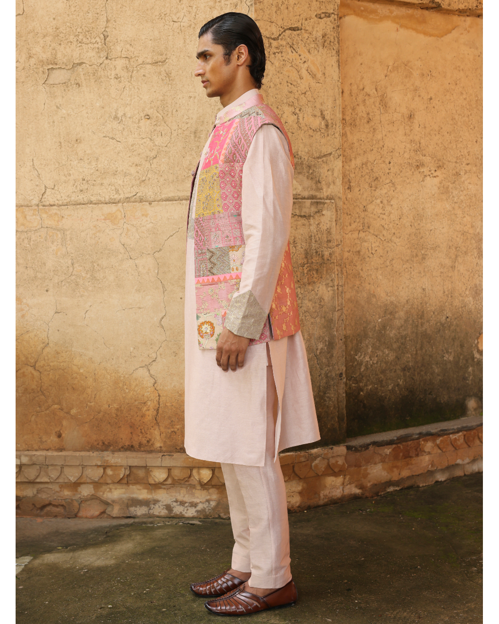 Blush Pink Silk Brocade Patchwork Bandi Set
