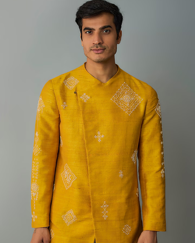 Yellow Rawsilk Overlap Kurta