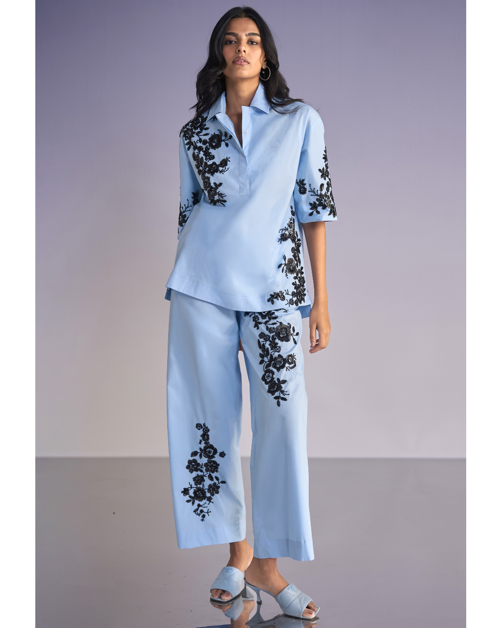 Floral Bead Embroidered Shirt & Pant Set