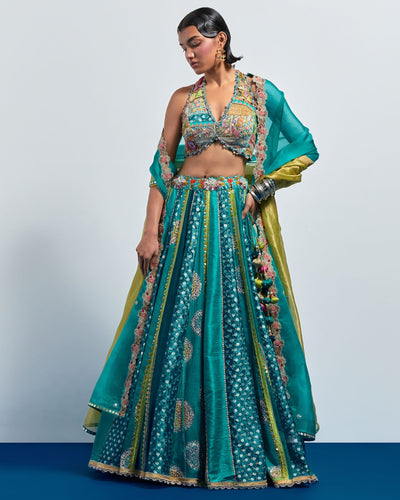 Sea Green Multi Colour Embroidered Lehenga Set