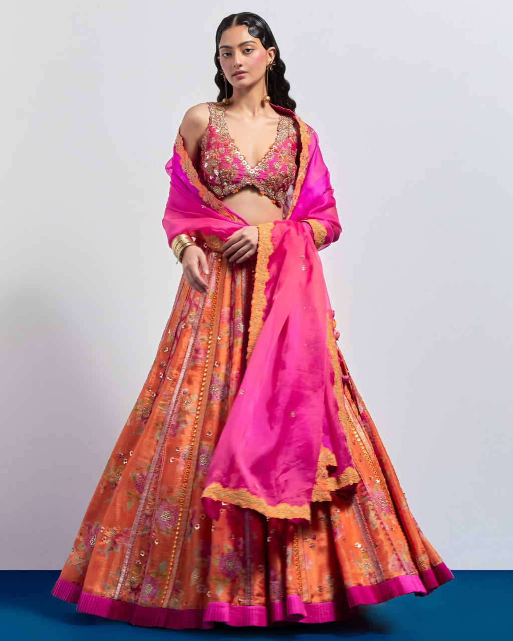 Orange Printed Embroidered Lehenga Dupatta Set