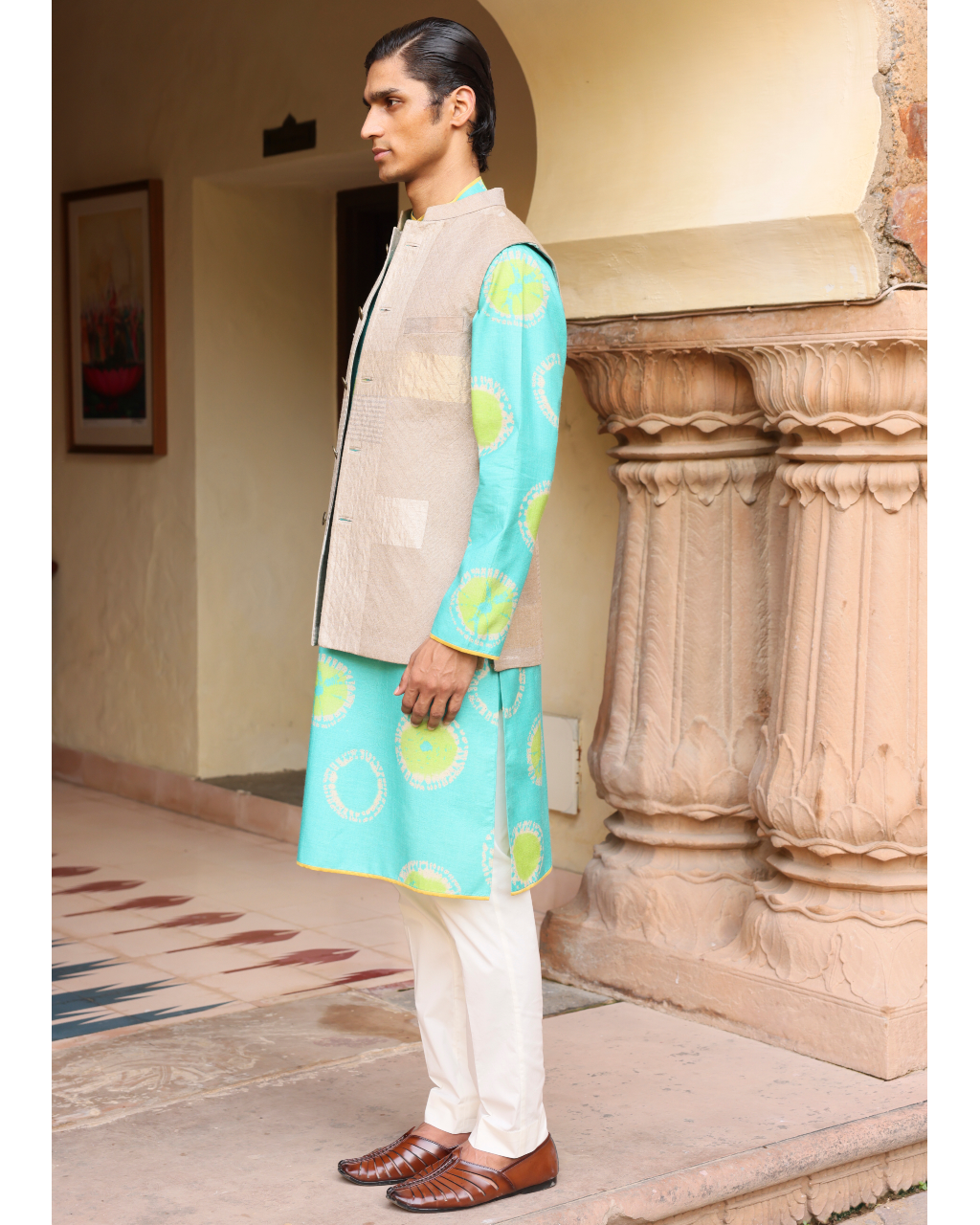 Ferozi Silk Kurta Set With Beige Tissue Jacket