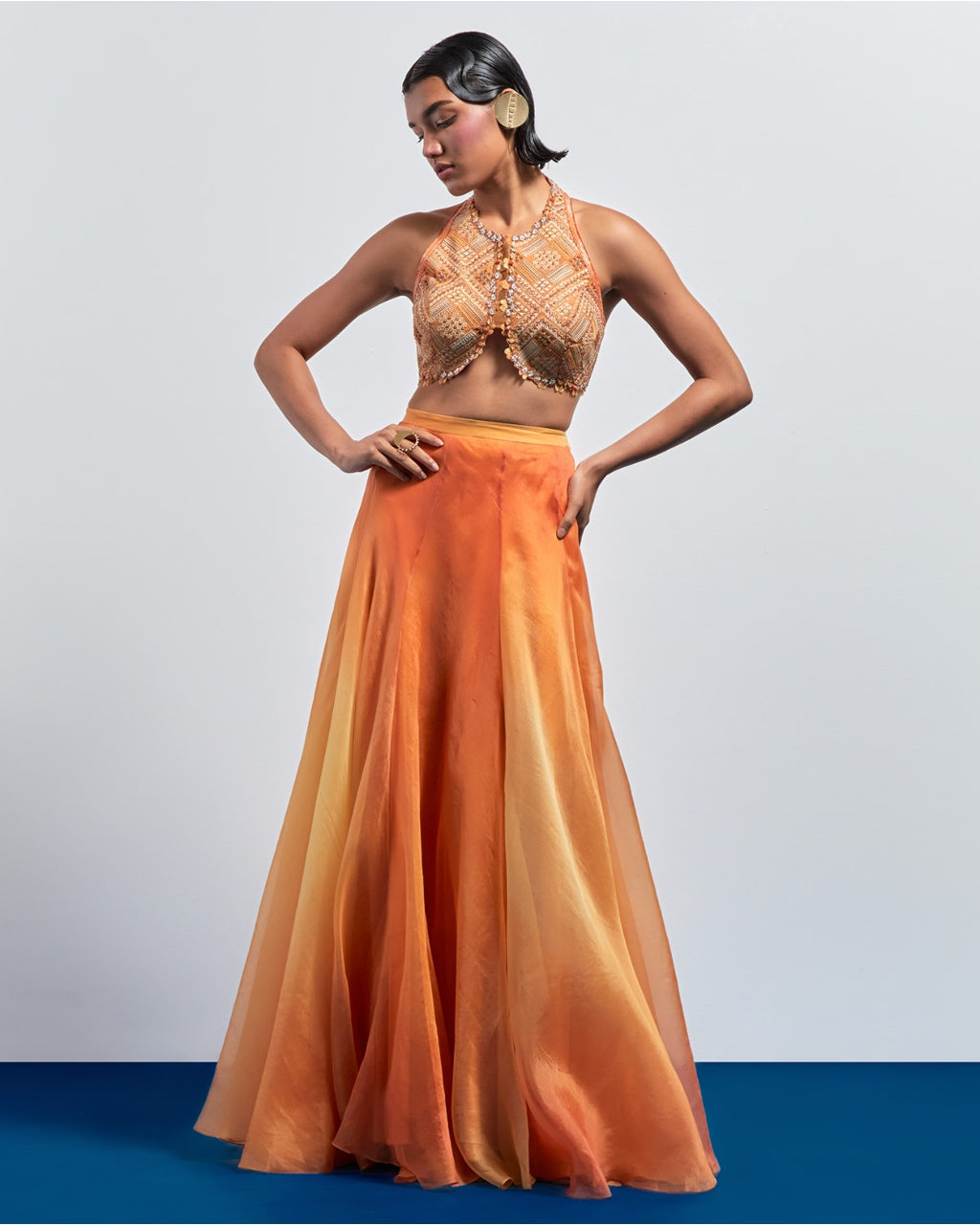 Yellow Orange Ombre Embroidered Skirt Set