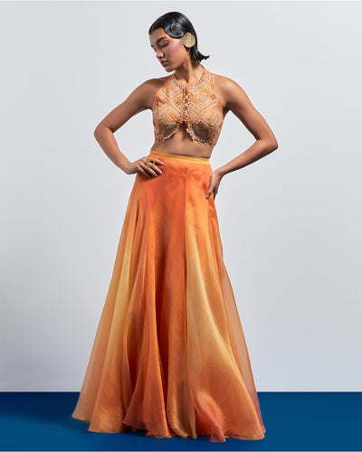 Yellow Orange Ombre Embroidered Skirt Set