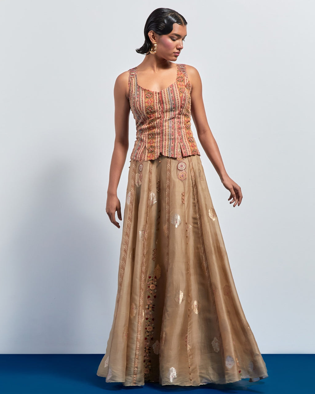 Beige Embroidered Skirt Corset Set