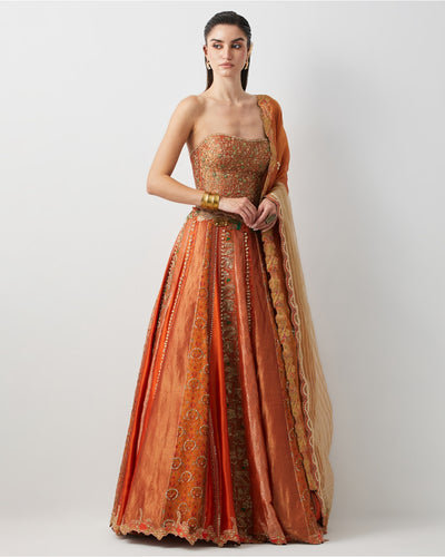Roasted Carrot Hand Embroidered Lehenga Set With Organza Dupatta