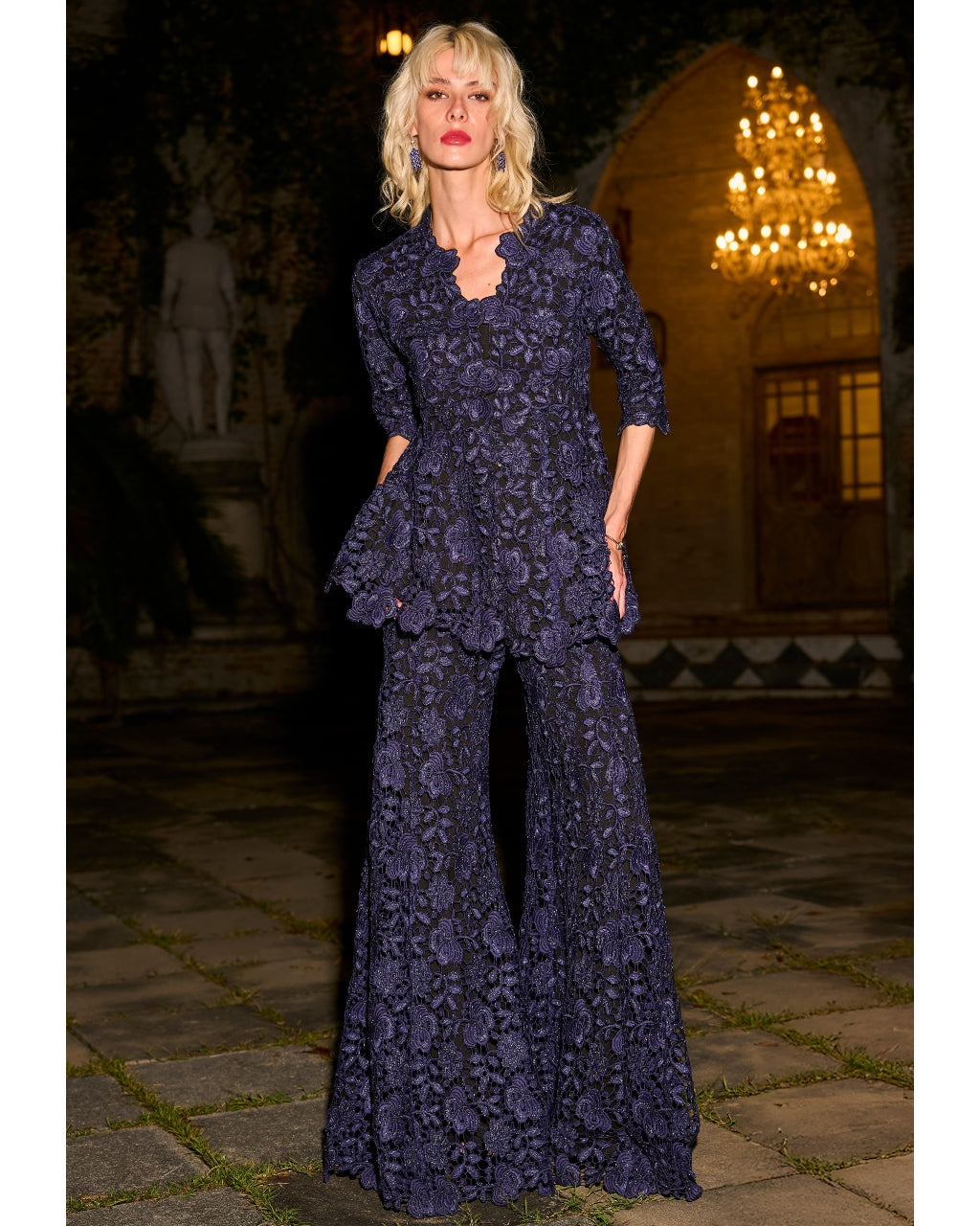 Embroidered Lace Peplum Top And Pant Set