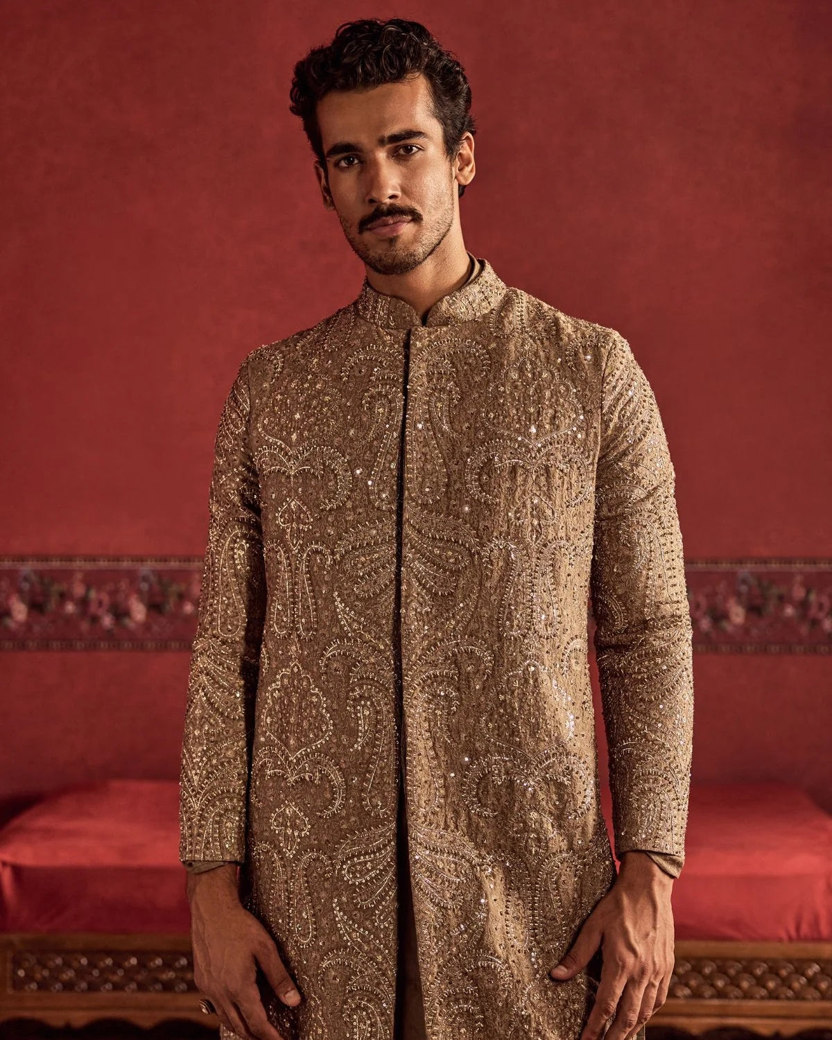 Stone Grey Chanderi Allover Embroidered Sherwani Set
