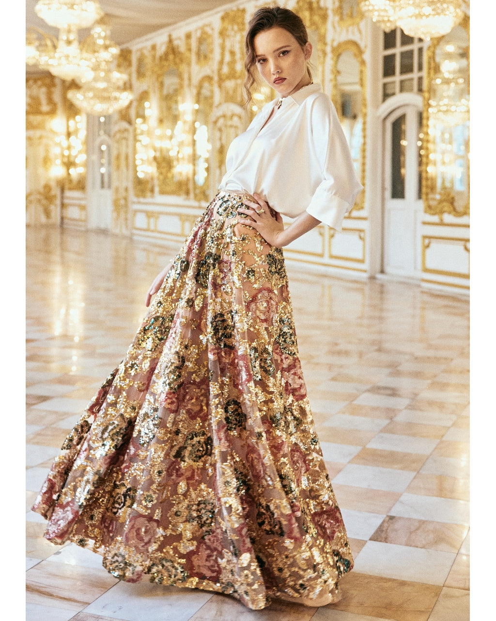 Ivory Satin Shirt & Floral Sequin Maxi Skirt