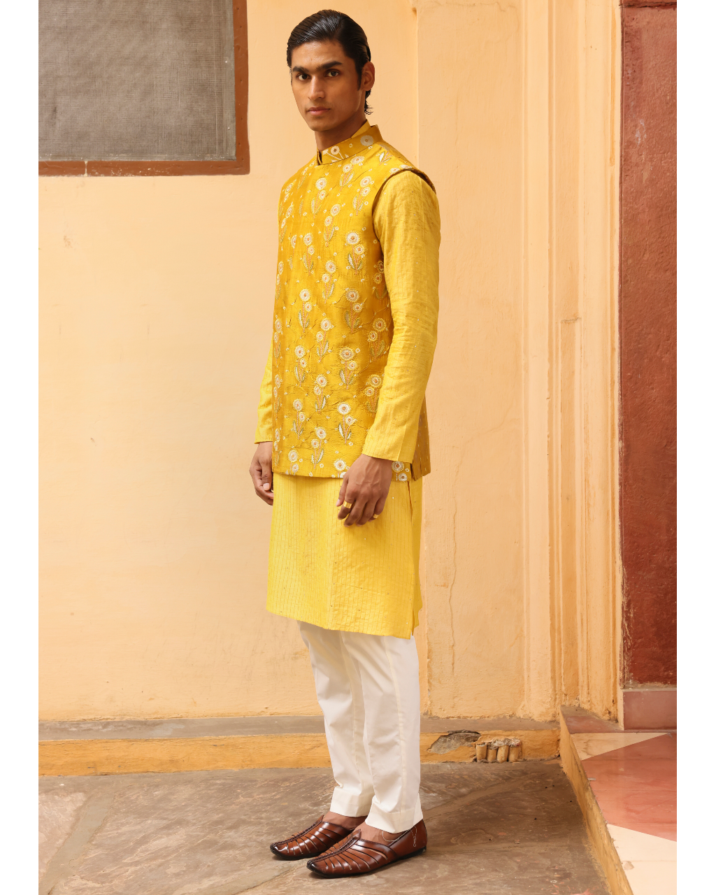 Marigold Yellow Silk Brocade Floral Bandi Set