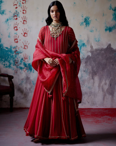 Red Kallidhar Anarkali Set