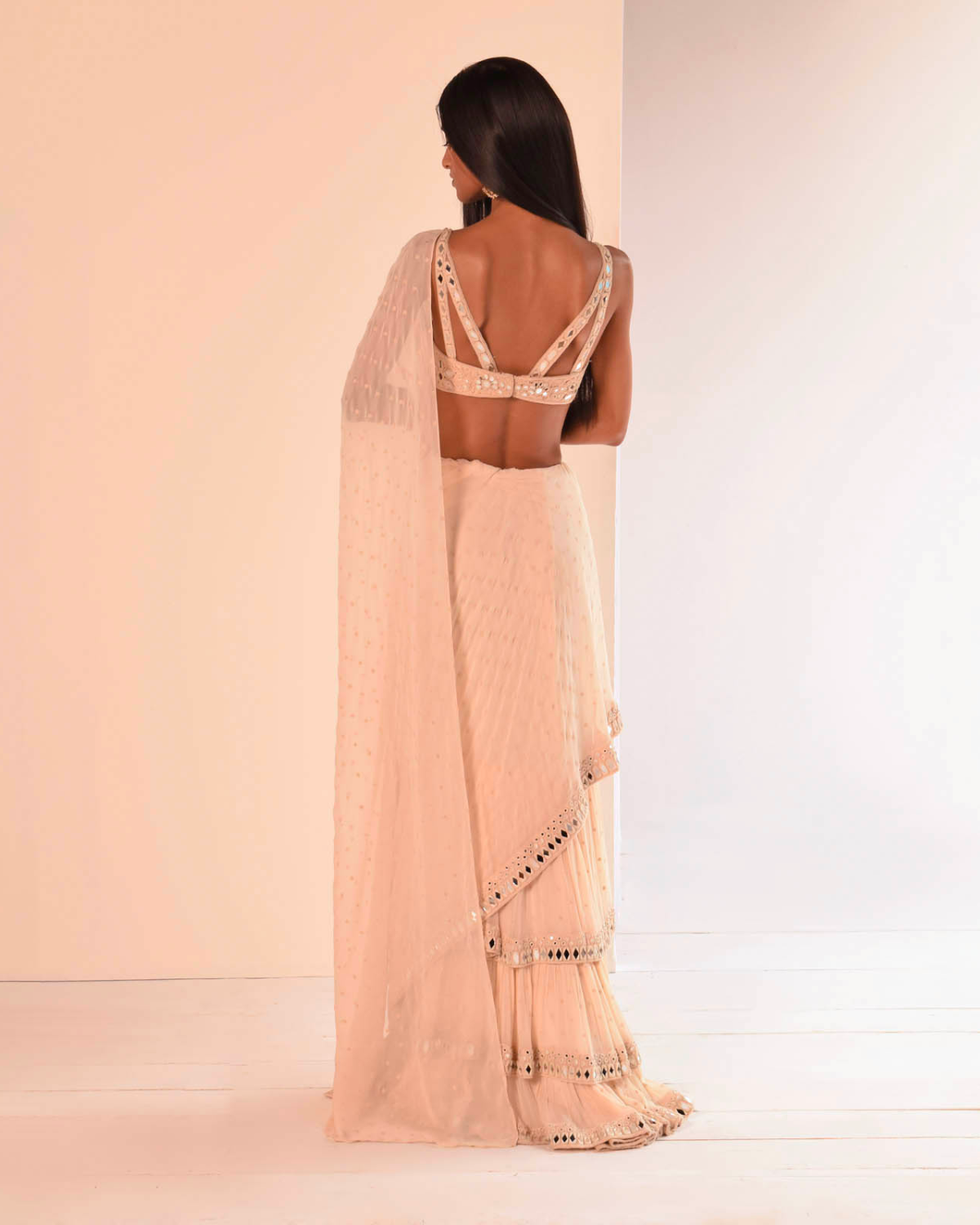 Solid Coconut Ruffle Tiered Sari Set