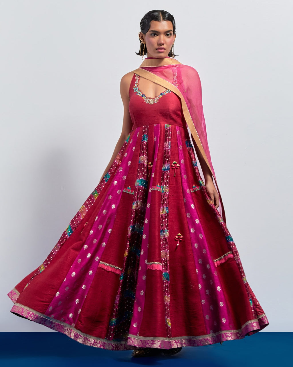 Magenta Embroidered Anarkali Dupatta Set.