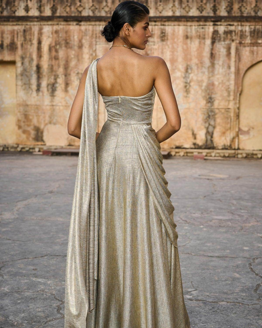 Gold Draped Sari Gown I Dash & Dot S Gold Draped Sari Gown I Dash & Dot S