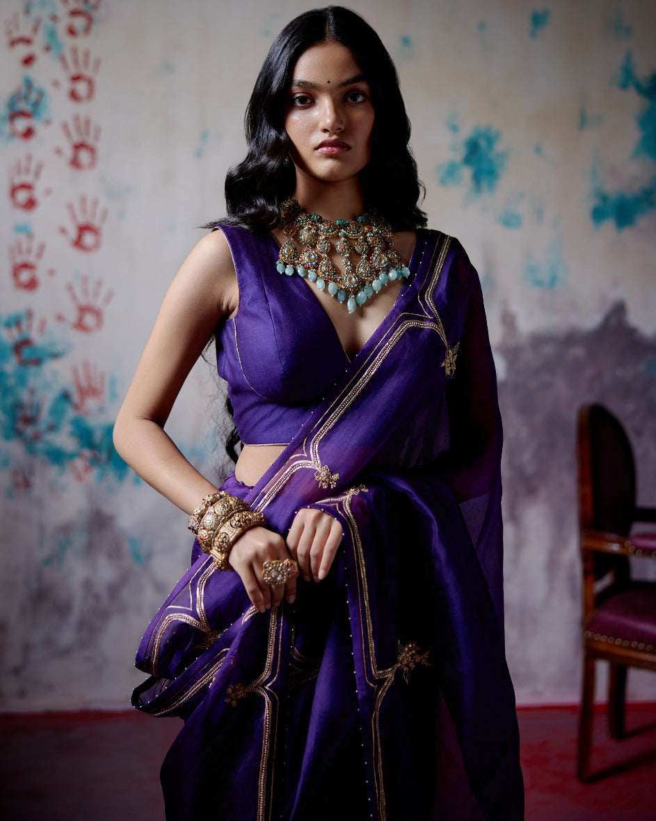 Purple Half And Half Sari With Blouse
