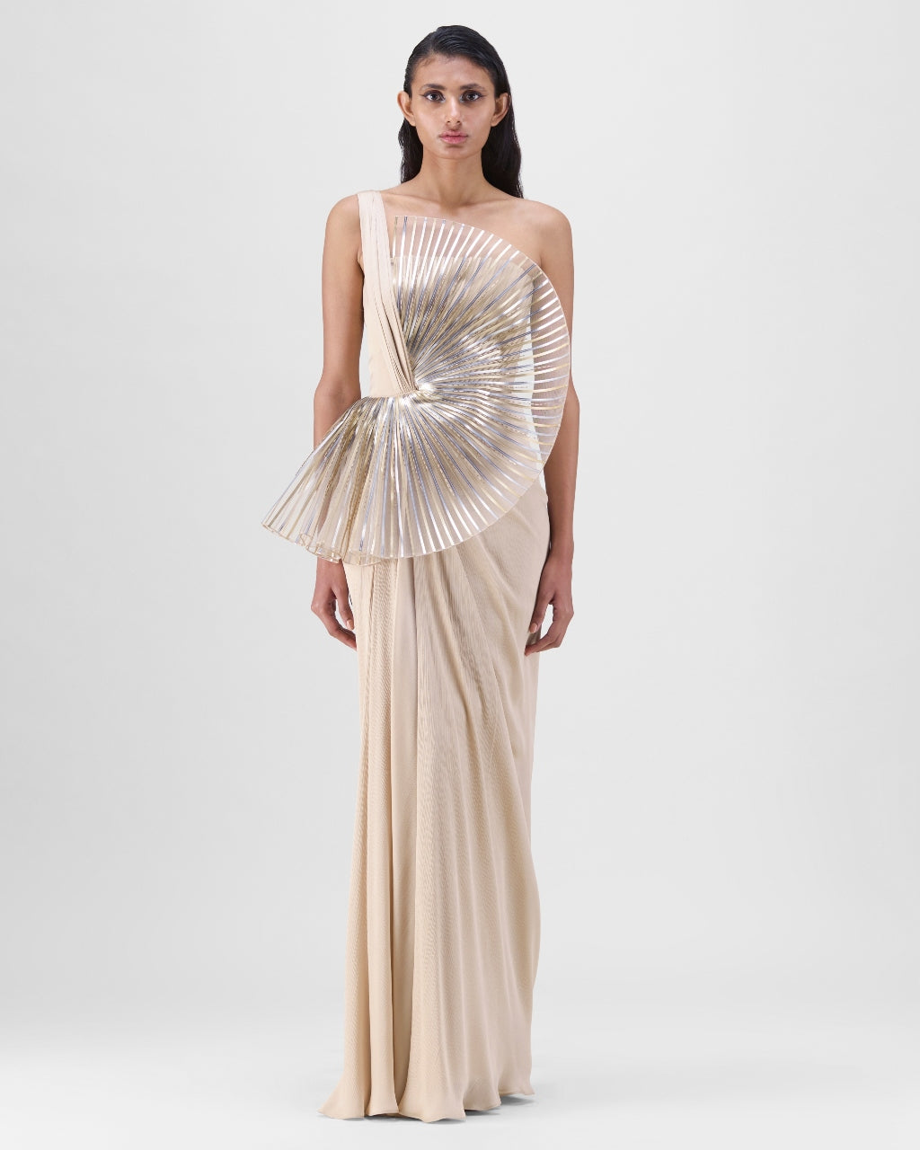 Sand Metallic Sun Ray Gown With Chiffon Drape