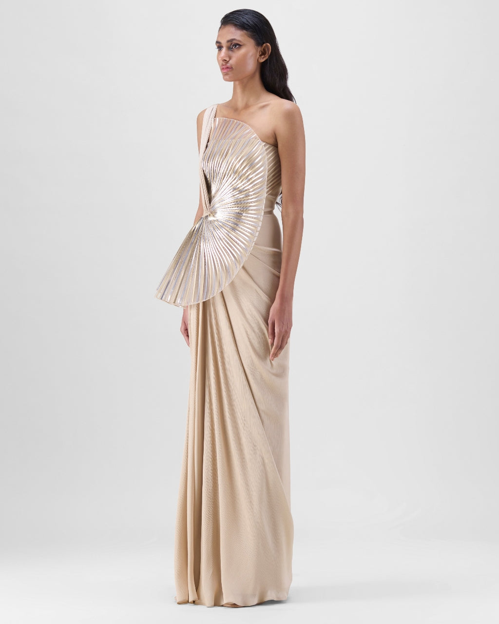 Sand Metallic Sun Ray Gown With Chiffon Drape