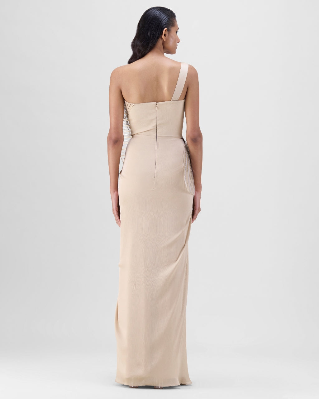 Sand Metallic Sun Ray Gown With Chiffon Drape