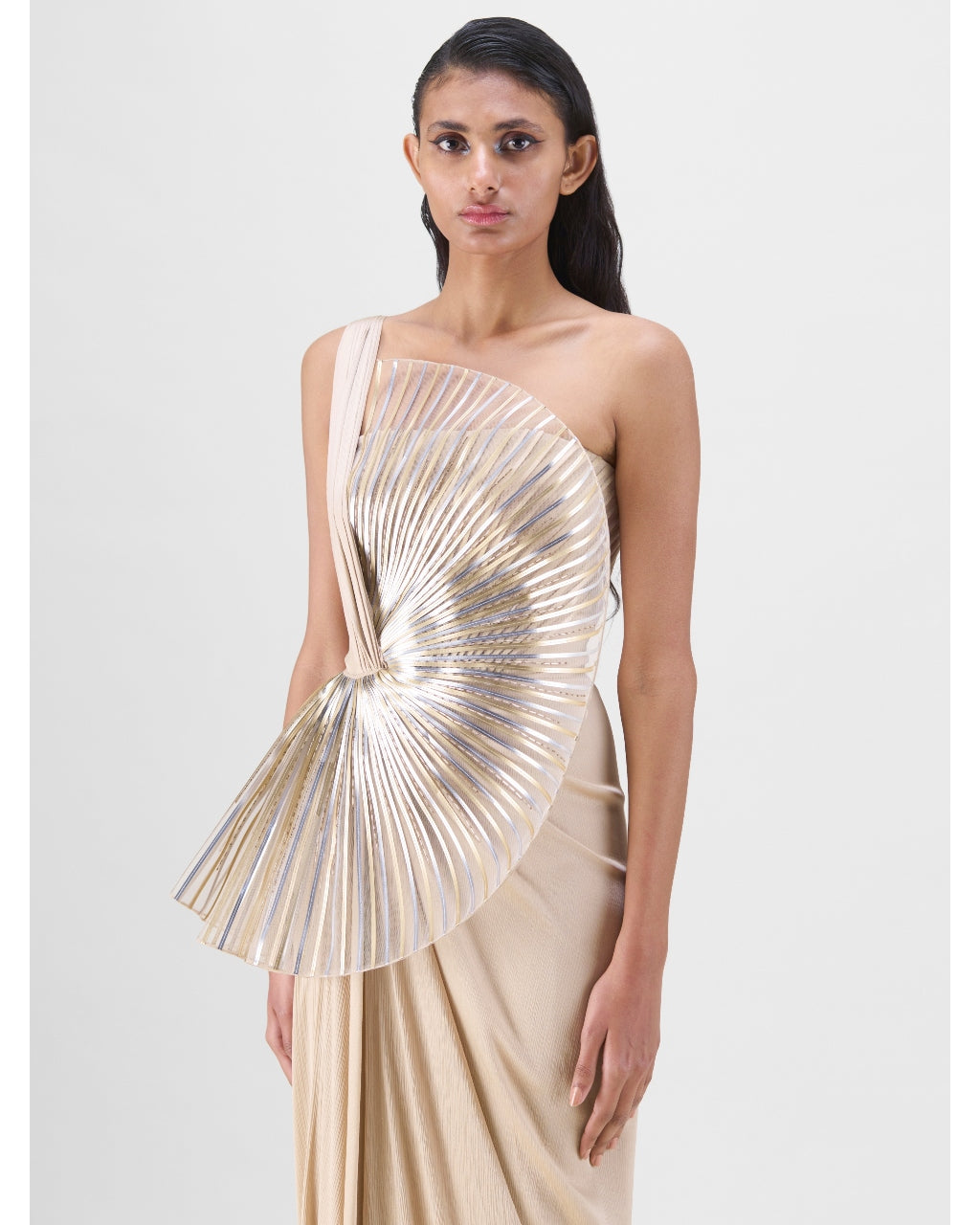 Sand Metallic Sun Ray Gown With Chiffon Drape