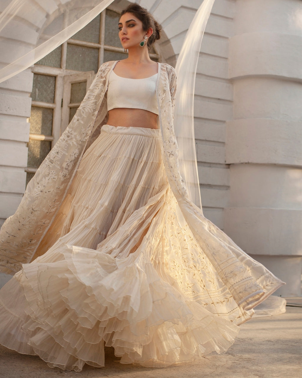 Ivory Kalidar With Voluminous Crushed Silk Lehenga Set