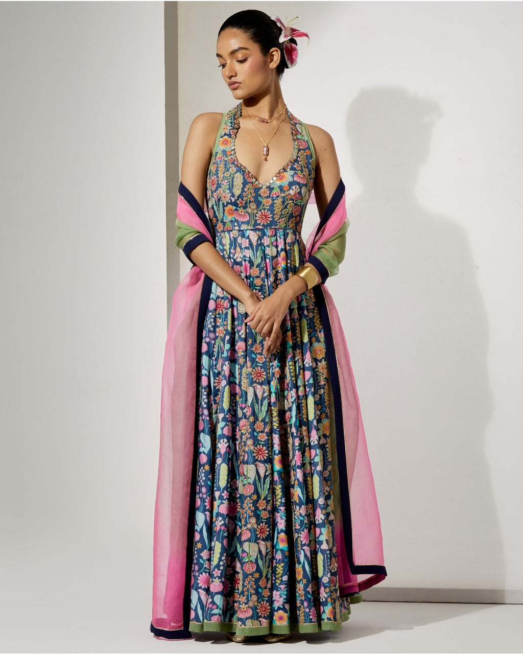 Midnight Bloom Silk Anarkali Set