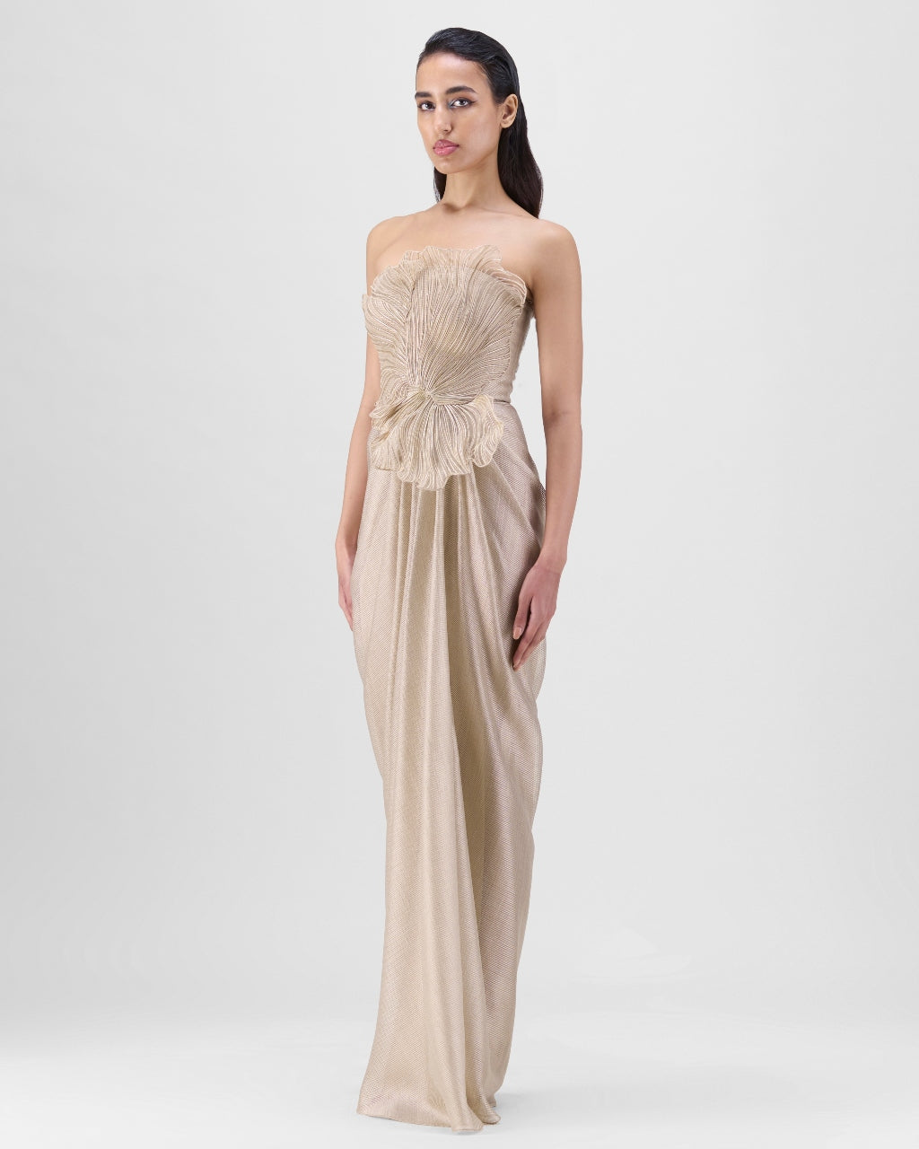 Sand Corded Coral Gown With Drape