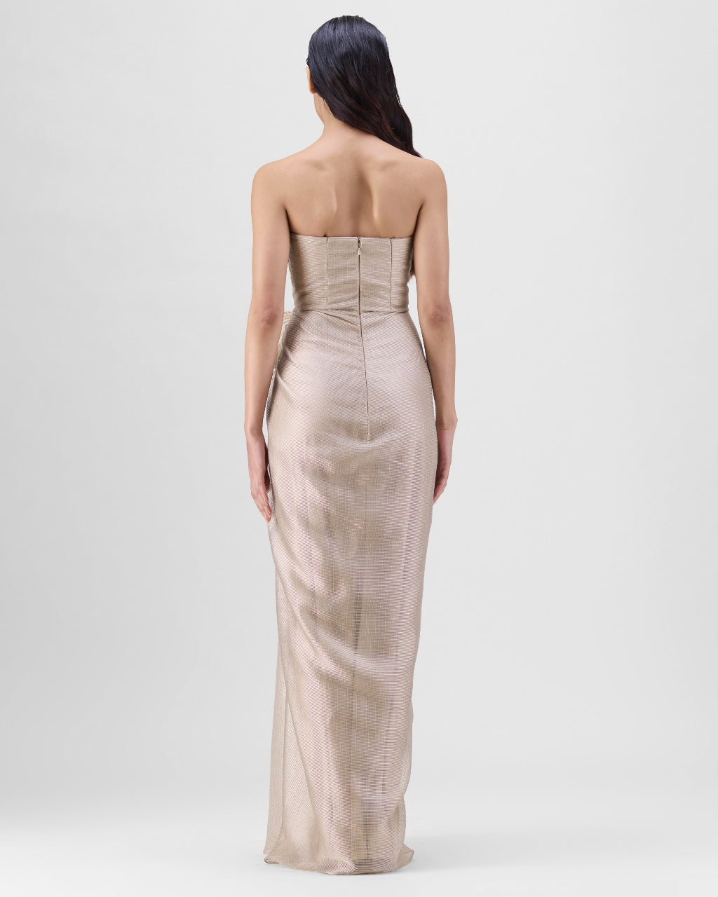 Sand Corded Coral Gown With Drape