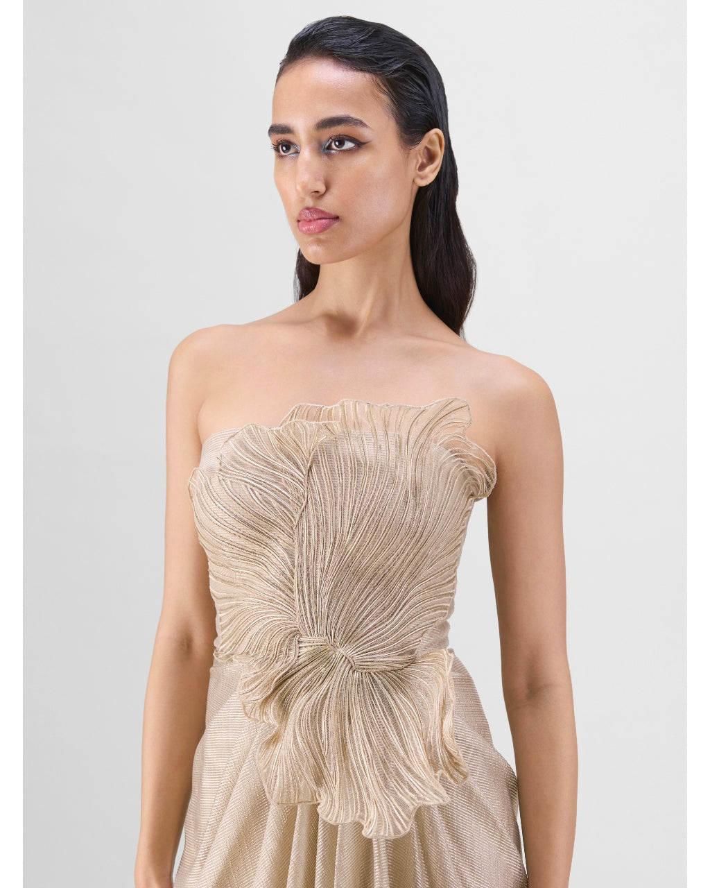 Sand Corded Coral Gown With Drape