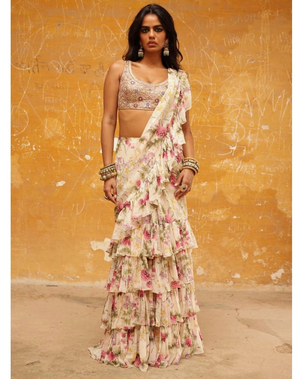 Coconut Pine Tiered Print Ruffle Sari Set