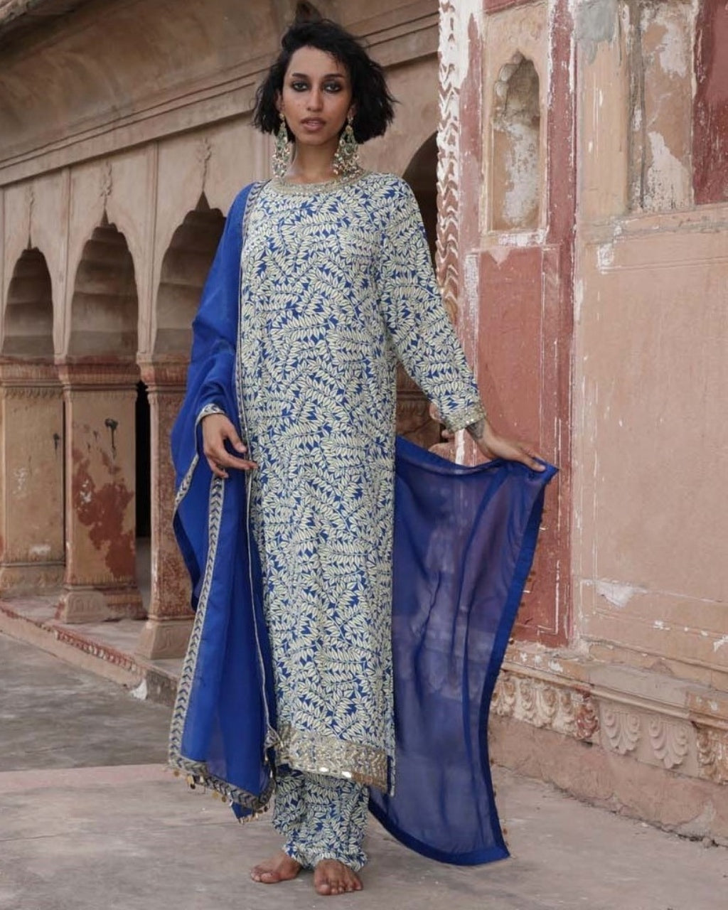 Blue Fire Print Hand Embroidered Round Neck Kurta Set