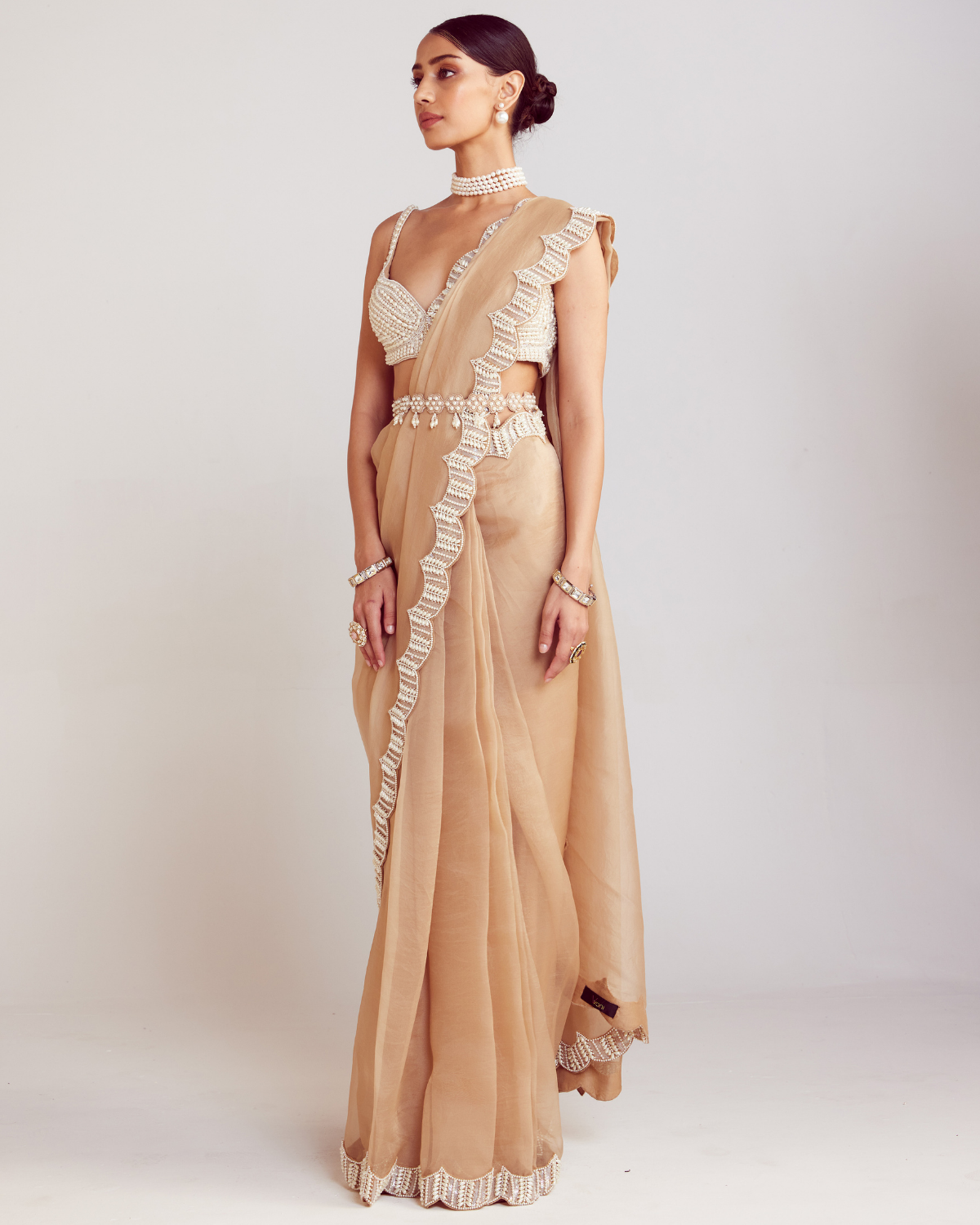 Beige Pearl Embellished Sari Set