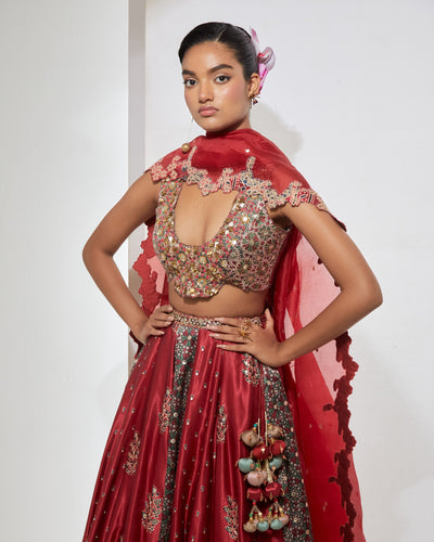 Cherry Red Ajrakh Lehenga Set