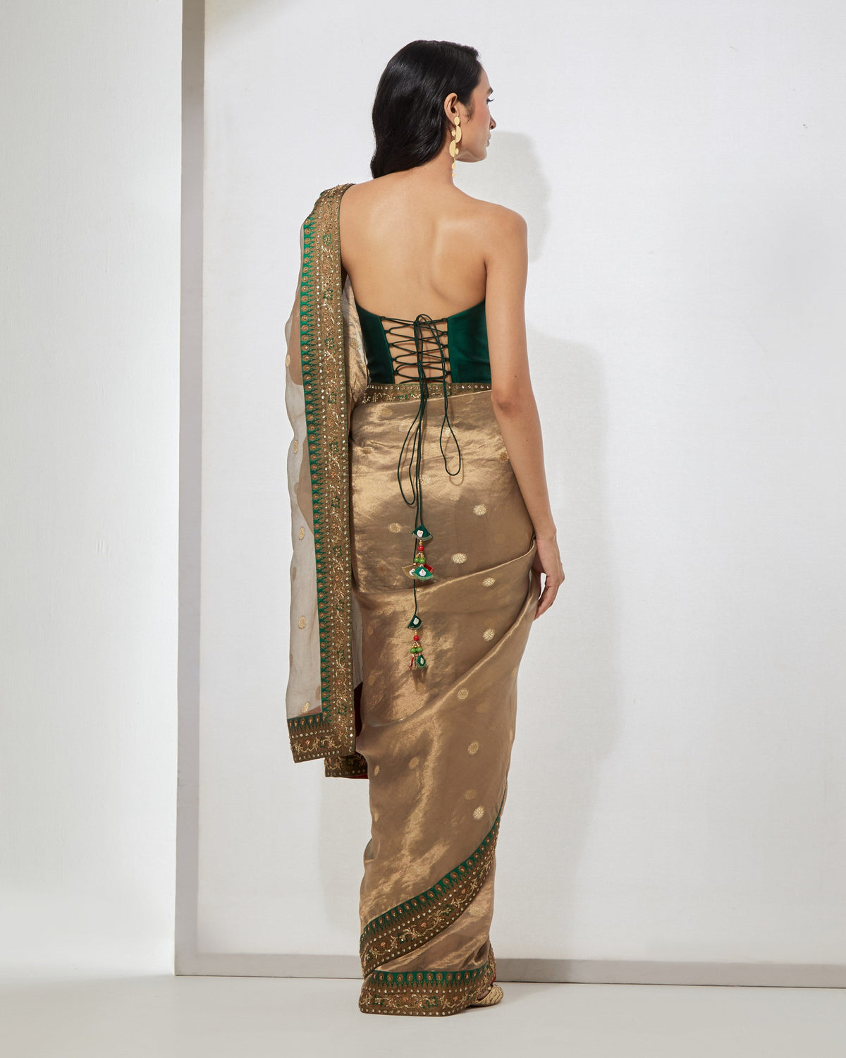 Antique Gold & Emerald Sari With Corset