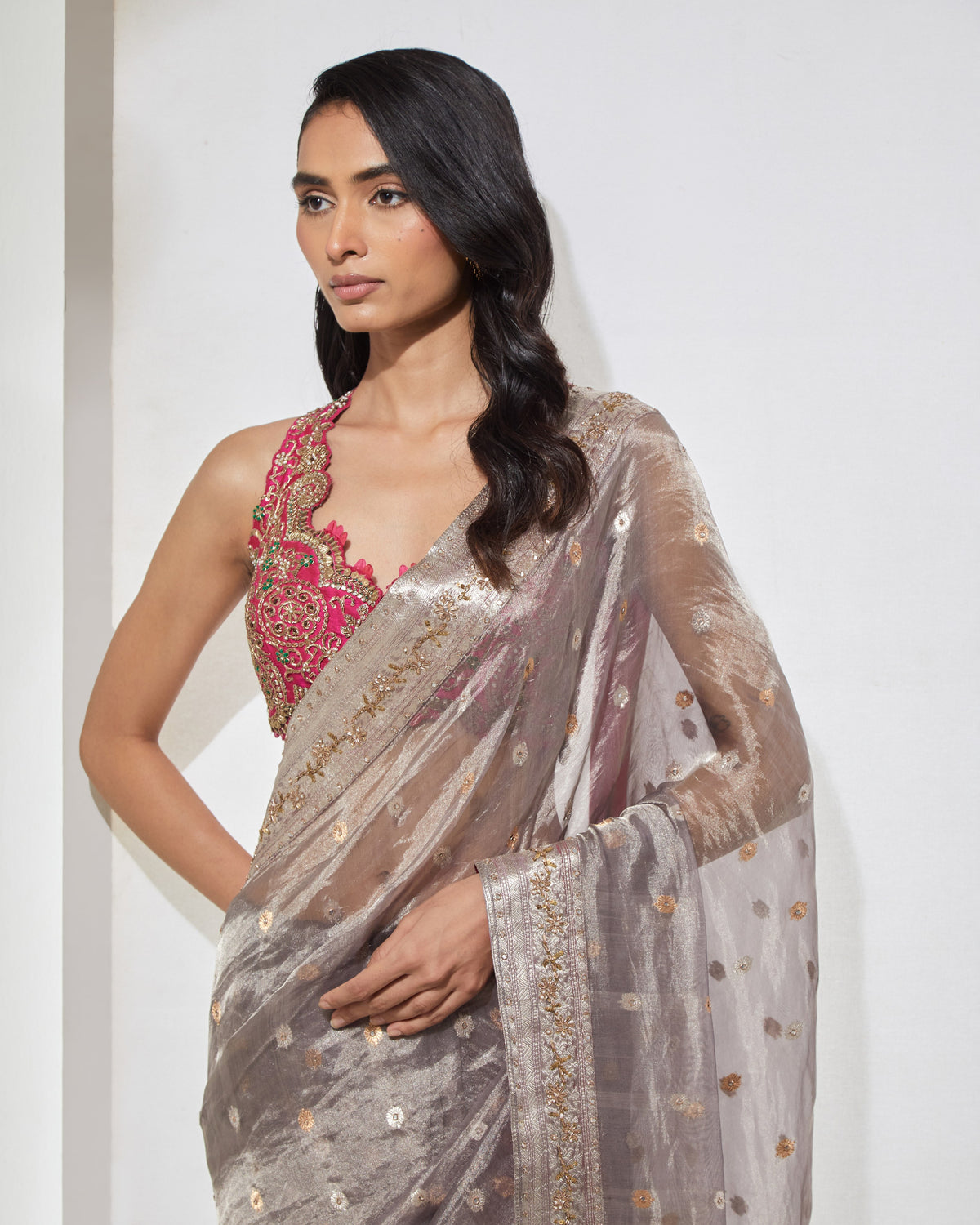 Ash Gray Zardozi Sari With Blouse