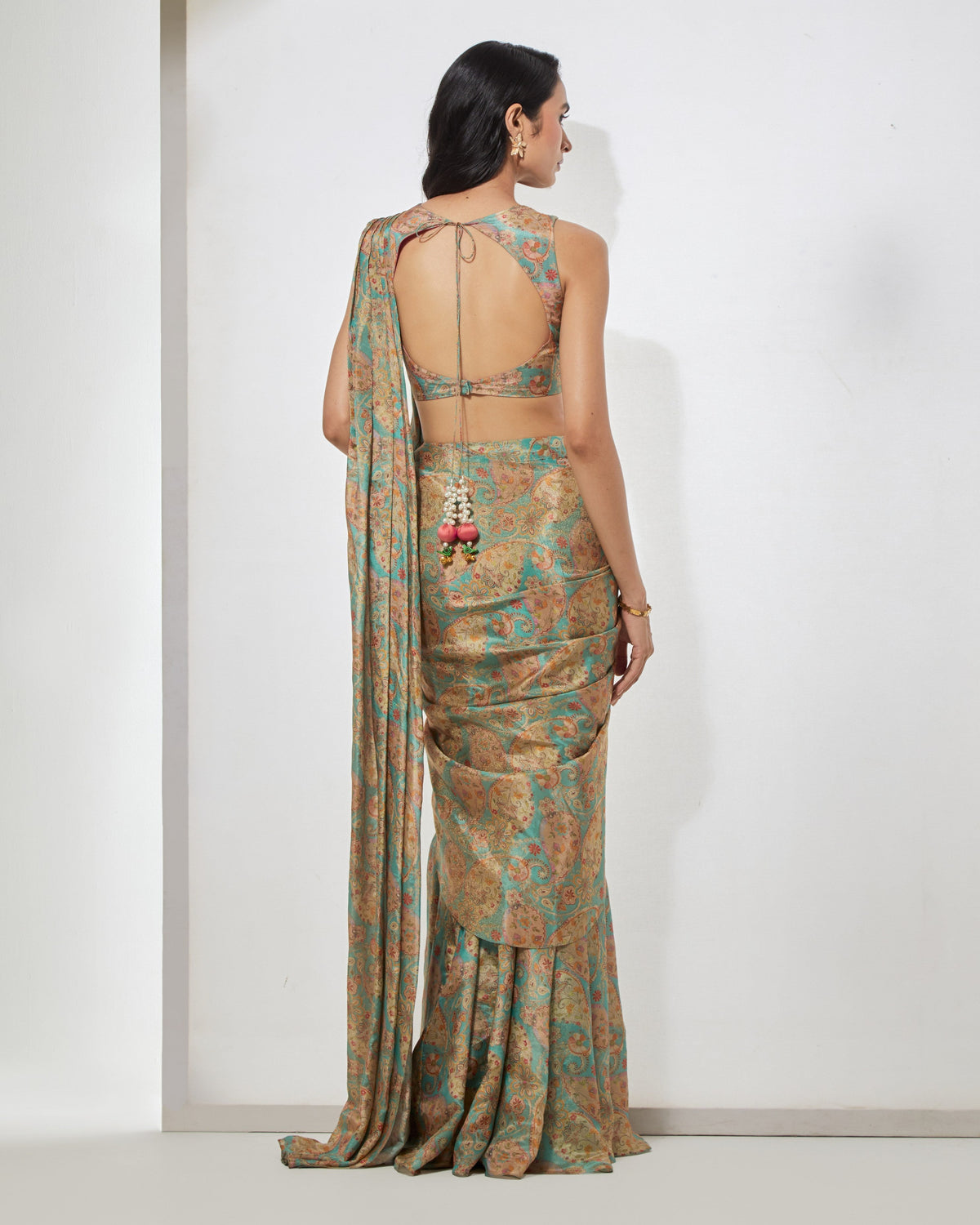 Aqua Paisley Sari With Corset